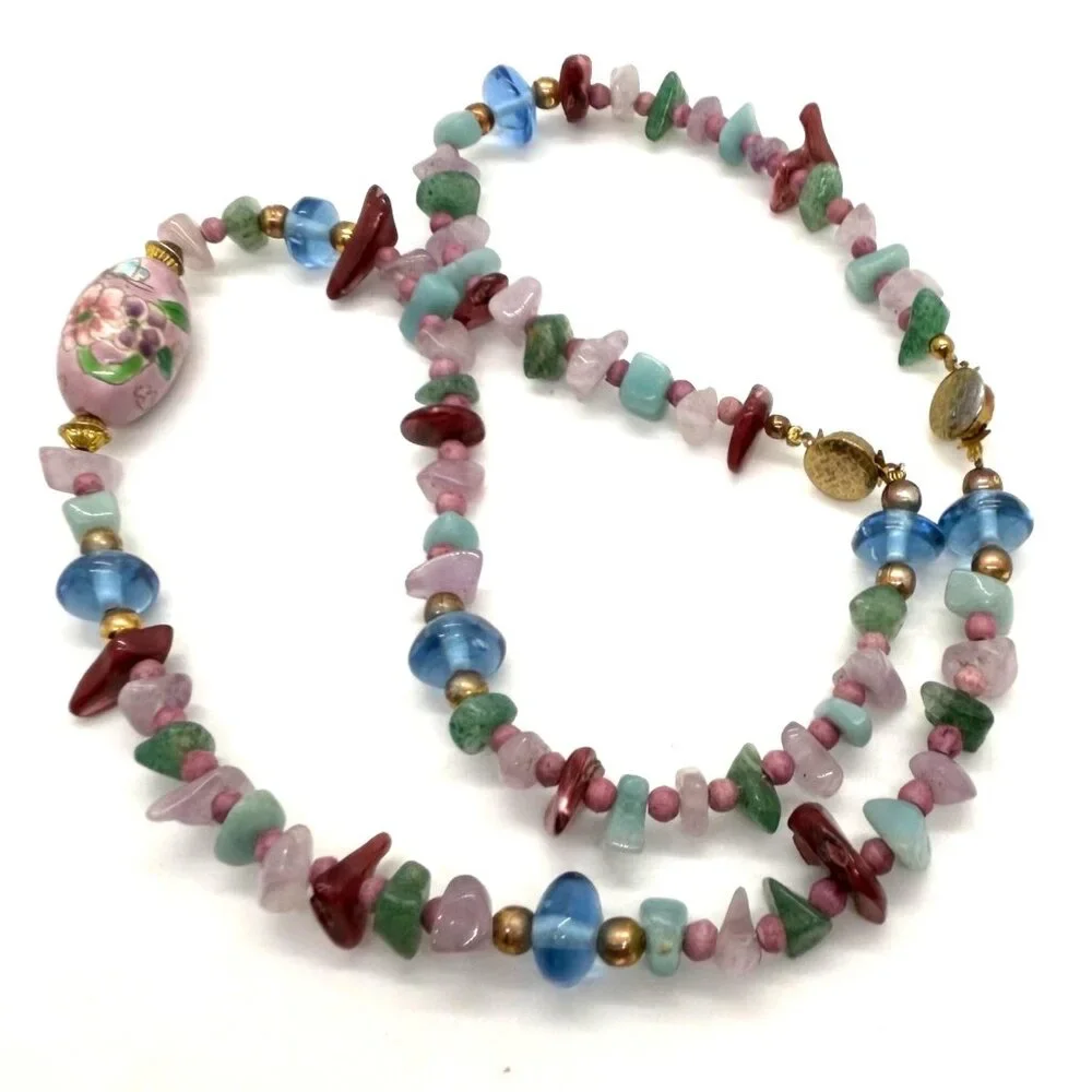 Cloisonné Bead Necklace with Multicolor Natural Stone & Glass and Bracelet - Picture 4 of 16